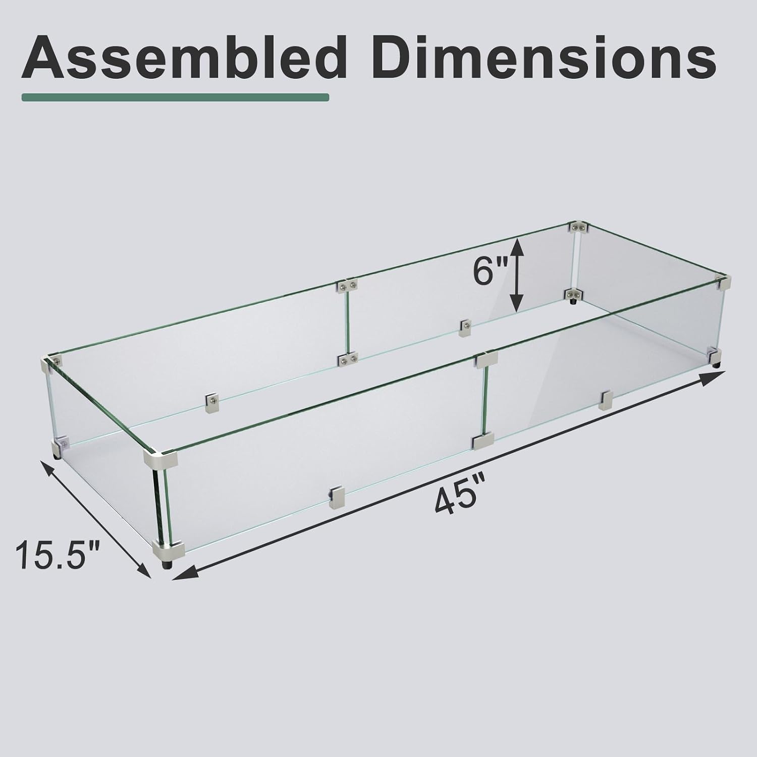 GASPRO 45 x 15.5 Inch Glass Wind Guard for Rectangular Fire Pit Table, Thick and Sturdy Tempered Glass Panel with Hard Aluminum Corner Bracket & Feet, Easy to Assemble