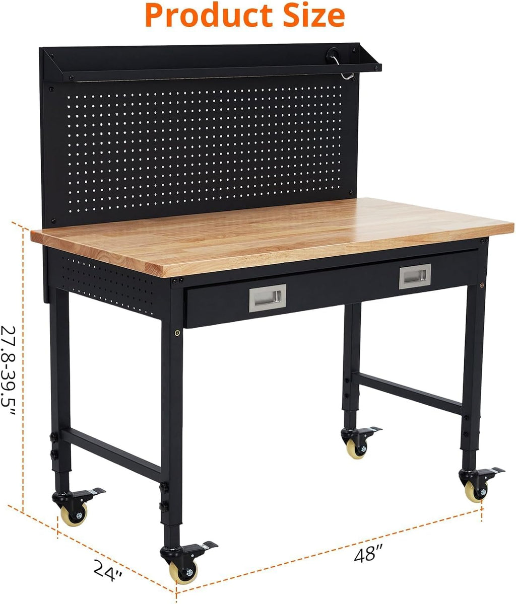 48' Adjustable Workbench with Wheels, 2000 LB Capacity, Power Outlets, Solid Hardwood Top, Heavy Duty Garage Work Table for Workshop, Home Office, DIY