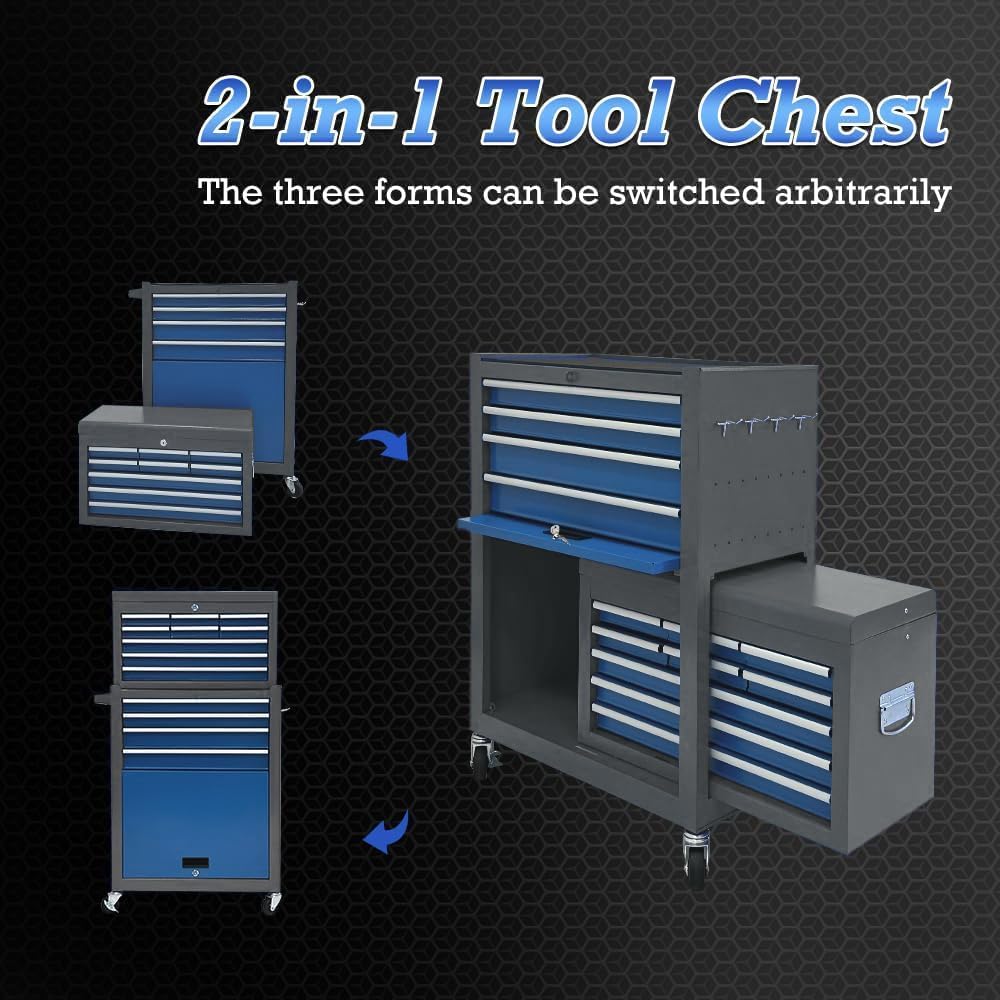 13-Drawer Tool Chest, Rolling Tool Box with Wheels, Tool Cabinets with Drawers, Top Detachable Toolbox with Hooks Handles for Workshop Mechanical Garage (Blue & Grey)
