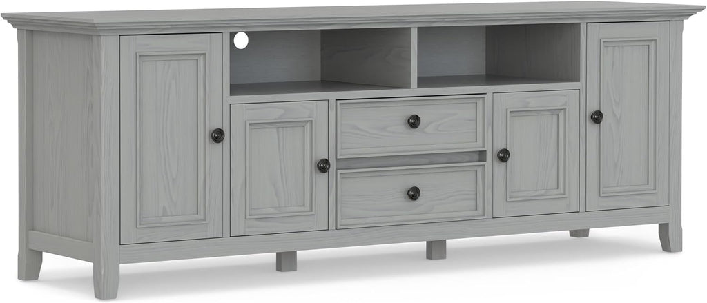 SIMPLIHOME Amherst TV Stand - 72 inch Wide Solid Wood Media Console in Fog Grey, Transitional Entertainment Center for Living Room for TVs up to 80 Inches with Shelves and Cable Management