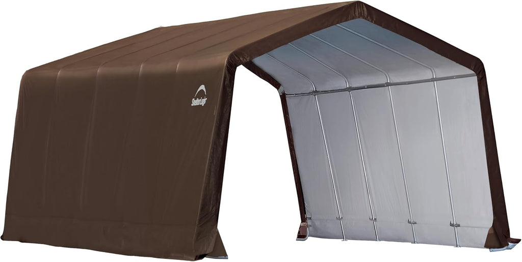 ShelterLogic 12' x 20' x 8' 3-in-1 Run-in Outdoor Animal Shelter with Waterproof Cover, All-Weather Outdoor Storage Shed for Animals, Agriculture, and Farm Equipment, Brown