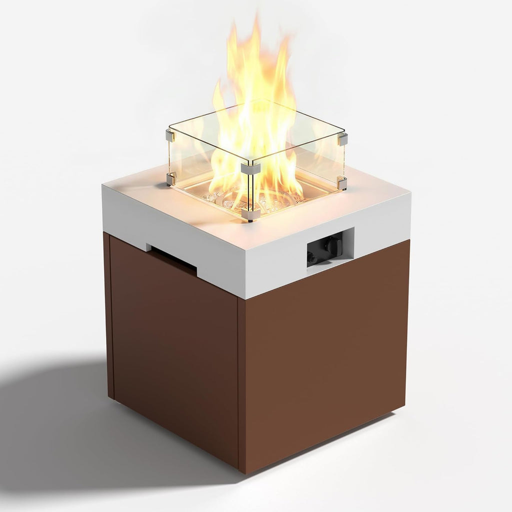 22' Aluminum Propane Fire Pit Table with 37,000 BTU, Square Outdoor Gas Fire Table with Glass Wind Guard, Glass Stones & Waterproof Cover, Patio Fire Table for Balcony, Backyard, Porch, Brown