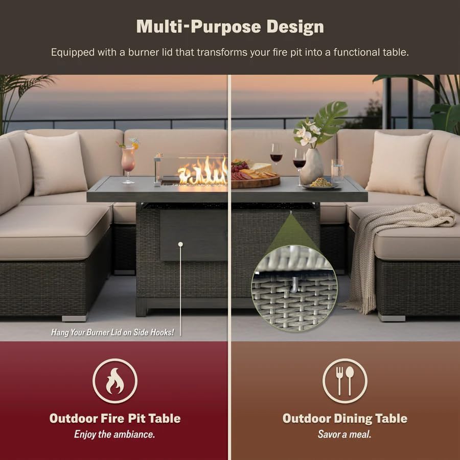 52-Inch Propane Fire Pit Table Rectangular 50,000 BTU Outdoor Gas Fire Pit for Patio & Backyard Aluminum Frame 2-in-1 Firepit Dining Table with Glass Wind Guard Rain Cover and Blue Glass Rocks Brown