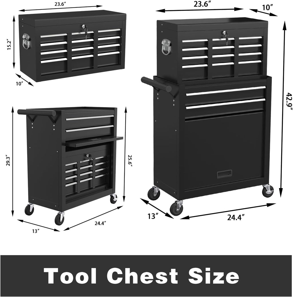 8-Drawer Rolling Tool Chest, High Capacity Removable Tool Storage Cabinet, Detachable Toolbox with Lock for Garage Warehouse and Tool Room (Black)