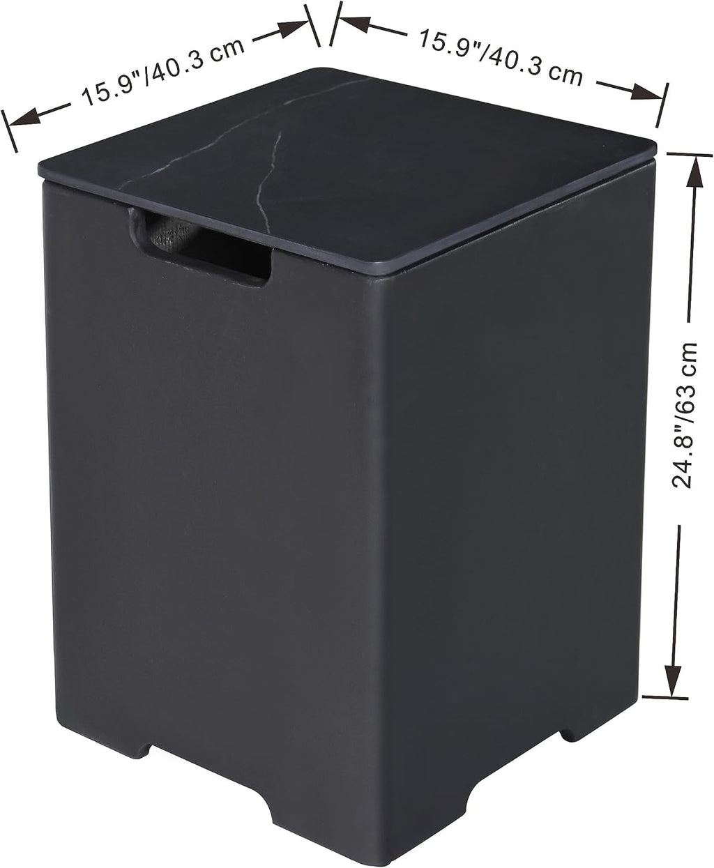 AMS Fireplace | Elementi Square Black Marble Tall Propane Tank Cover | Marble Porcelain Top with Concrete GFRC Base | Black Color | 15.9 × 15.9 × 24.9 inches | for Varna Porcelain Fire Pit Table