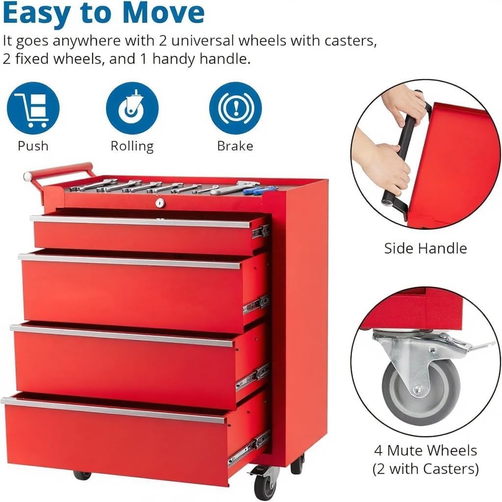 Tool Chest with Wheels, 4 Drawer Rolling Tool Storage Cabinet Cart, Portable Toolbox Organizer with Locking System, Drawer Liners for Garage, Workshop, Shop, Mechanic, Red