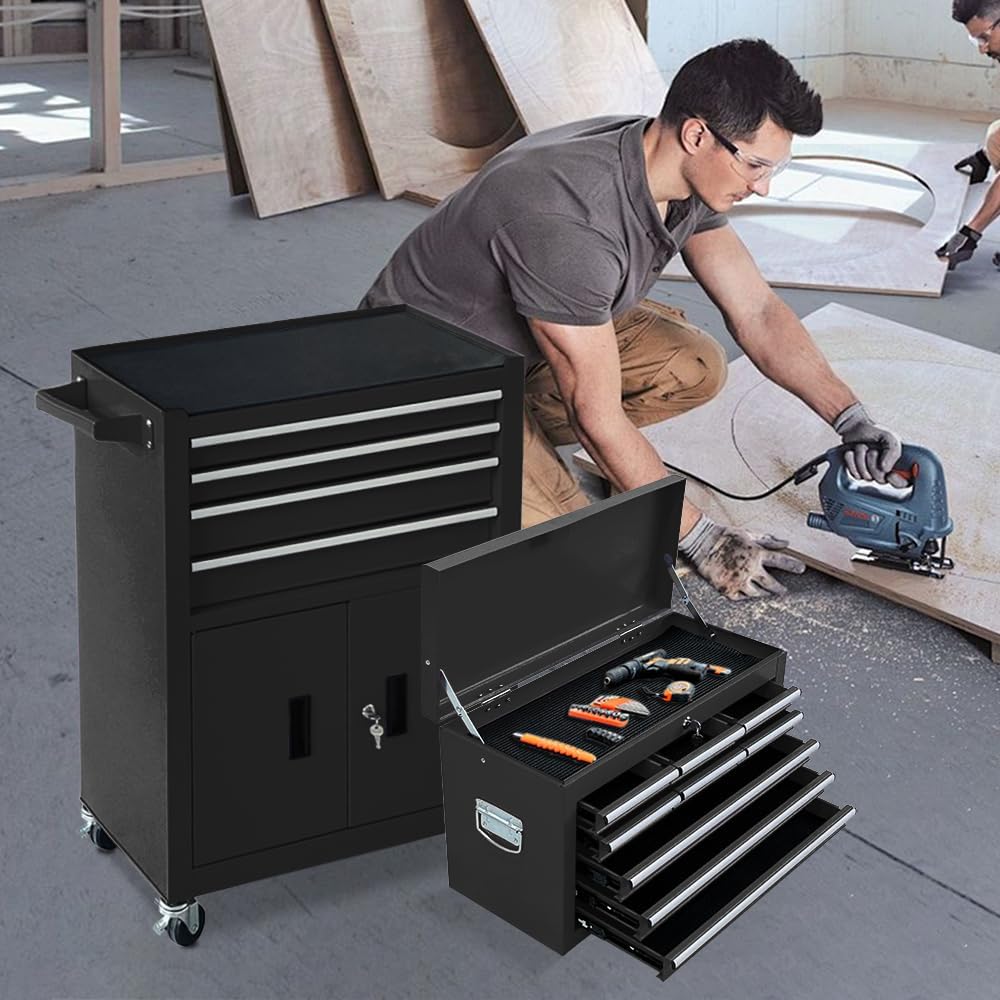 13-Drawer Double Doors Handle Rolling Tool Chest, 2 in 1 Detachable Rolling Tool Chests, Large Tool Boxes with Lock, Metal Standing Tool Cabinet for Garage Workshop(Black)