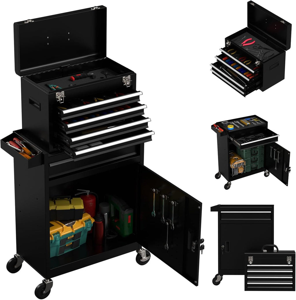 5 Drawer Rolling Tool Chest with Drawers-Lockable Metal Toolbox on Wheels-Detachable Top Tool Storage & Rolling Tool Cart for Garage Workshop,Repair Room(Black)