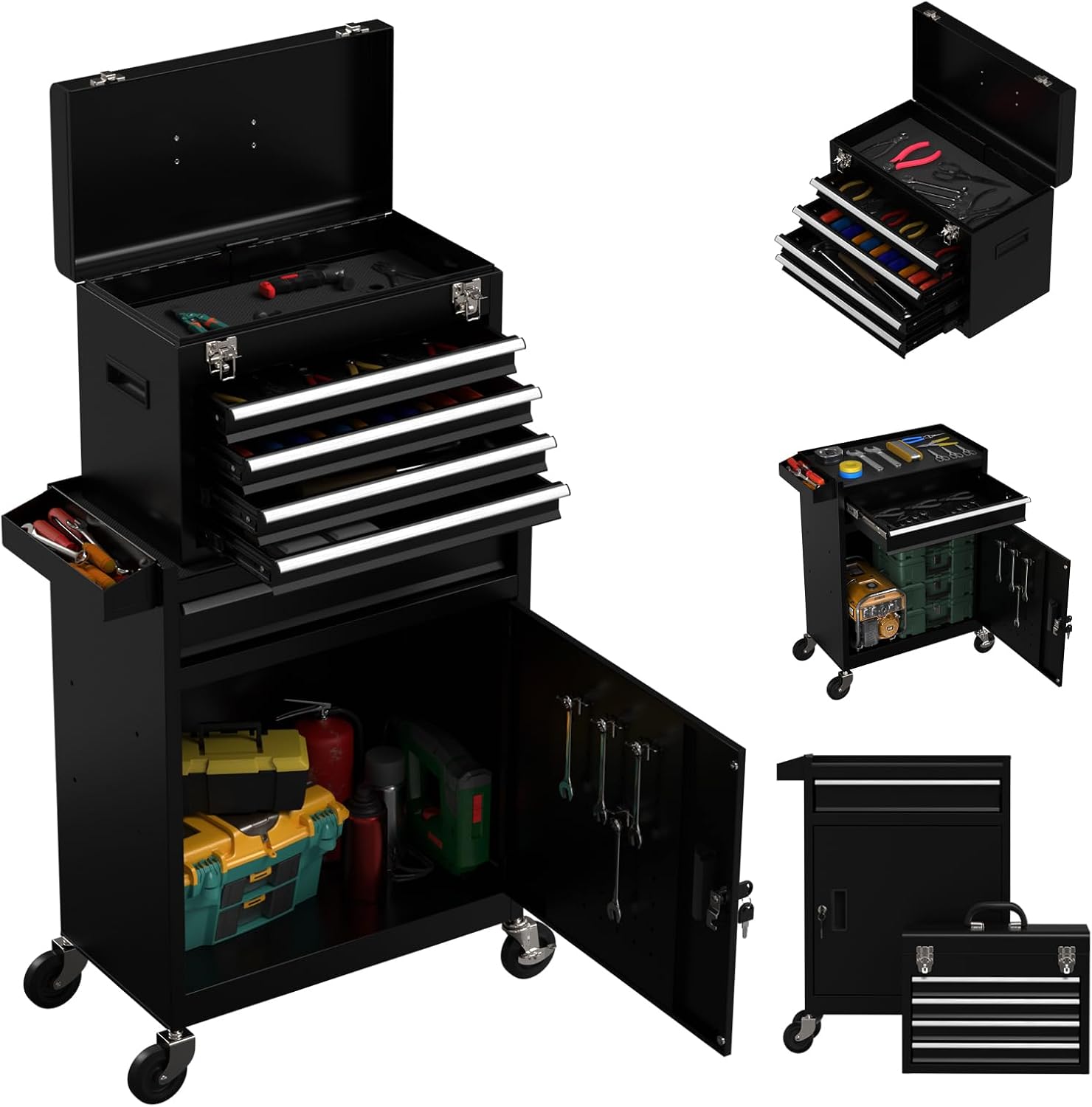 5 Drawer Rolling Tool Chest with Drawers-Lockable Metal Toolbox on Wheels-Detachable Top Tool Storage & Rolling Tool Cart for Garage Workshop,Repair Room(Black)