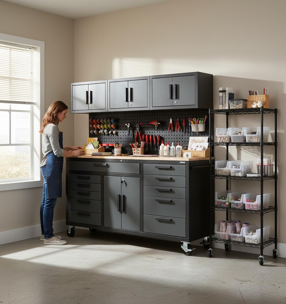 72in Rolling Tool Chest Cabinet Mobile Garage Workbench Heavy-Duty Tool Cabinet on Wheels with 11 Drawers, 2-Door Cabinet, 3 Top Cabinet, Pegboard & Power Strip for Tool Organization