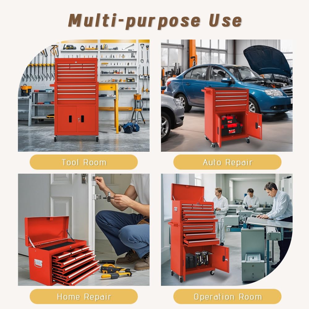13-Drawer Double Doors Handle Rolling Tool Chest, 2 in 1 Detachable Rolling Tool Chests, Large Tool Boxes with Lock, Metal Standing Tool Cabinet for Garage Workshop(Red)