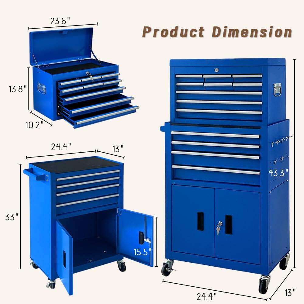 13-Drawer Double Doors Handle Rolling Tool Chest, 2 in 1 Detachable Rolling Tool Chests, Large Tool Boxes with Lock, Metal Standing Tool Cabinet for Garage Workshop(Blue)