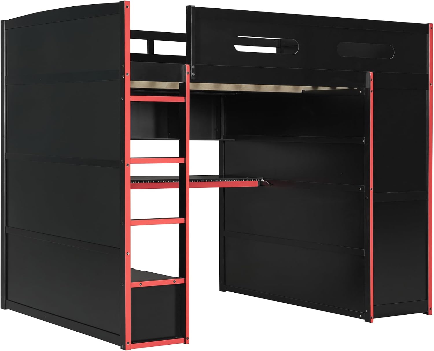 Full Size Gamer Loft Bed with Built-in Desk, RGB Lighting, USB Port & Storage, Gaming Bed with Wardrobe, Drawers for Kids, Teens, Adults (Red/G)
