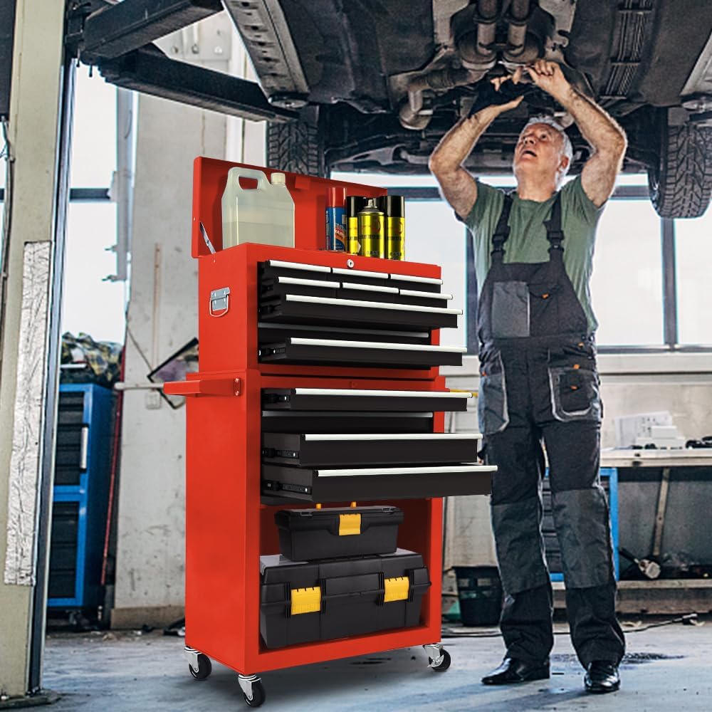 13-Drawer Tool Chest with Tool box and wheels, Large Detachable Toolbox with Sliding Drawers, Mechanic Storage Cabinets, Metal Tool Cart for Garage Workshop (BLACK＆Red)