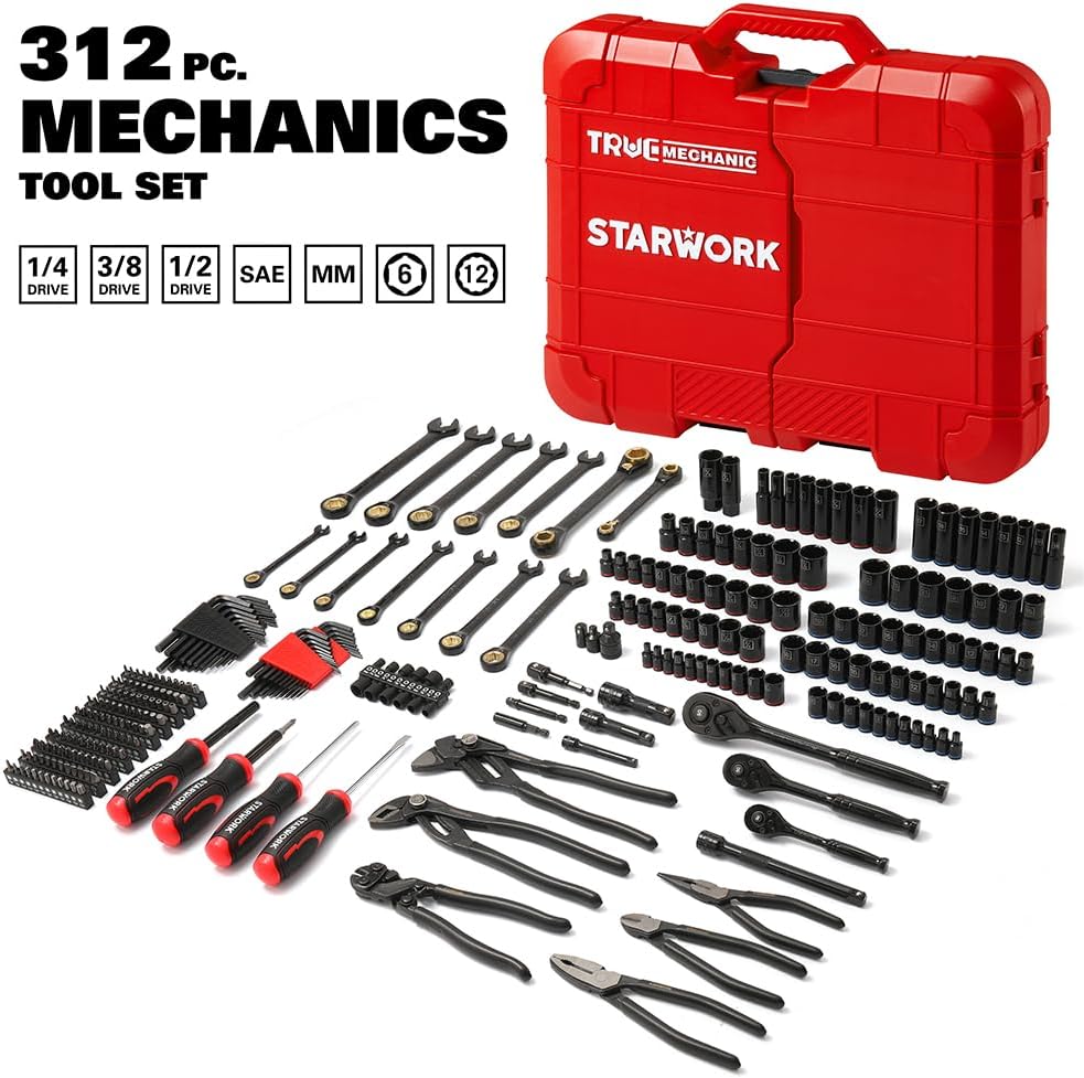 STARWORK TRUE MECHANIC 312-Piece Mechanics Tool Set and Socket Set, Professional【Pliers Wrench 】 SAE/Metric