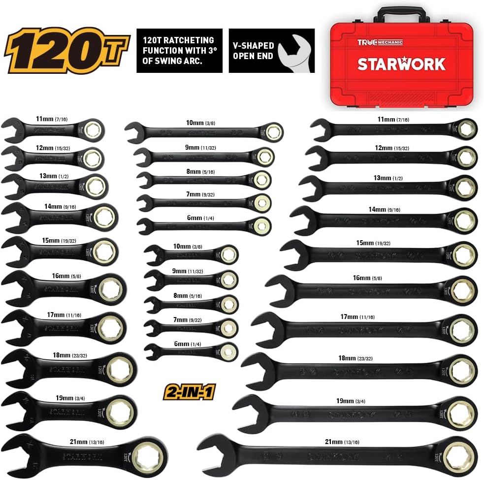 STARWORK TRUE MECHANIC™ 30-Piece 2-IN-1 Ratcheting Wrench Set, 120-Tooth, SAE&Metric, Gift Series with Red Case, Professional