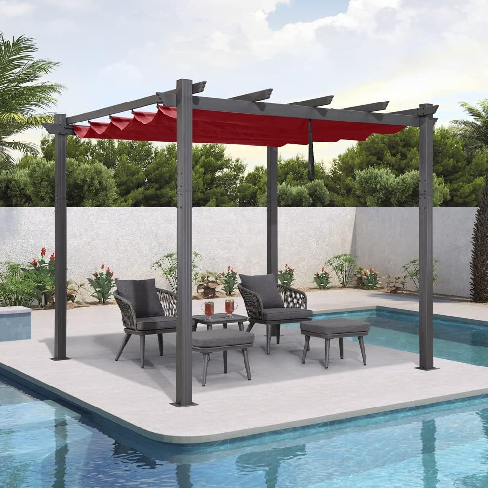 PURPLE LEAF 10' X 10' Outdoor Retractable Pergola with Sun Shade Canopy Patio Metal Shelter for Garden Porch Beach Pavilion Grill Gazebo Modern Yard Grape Trellis Pergola, Terra