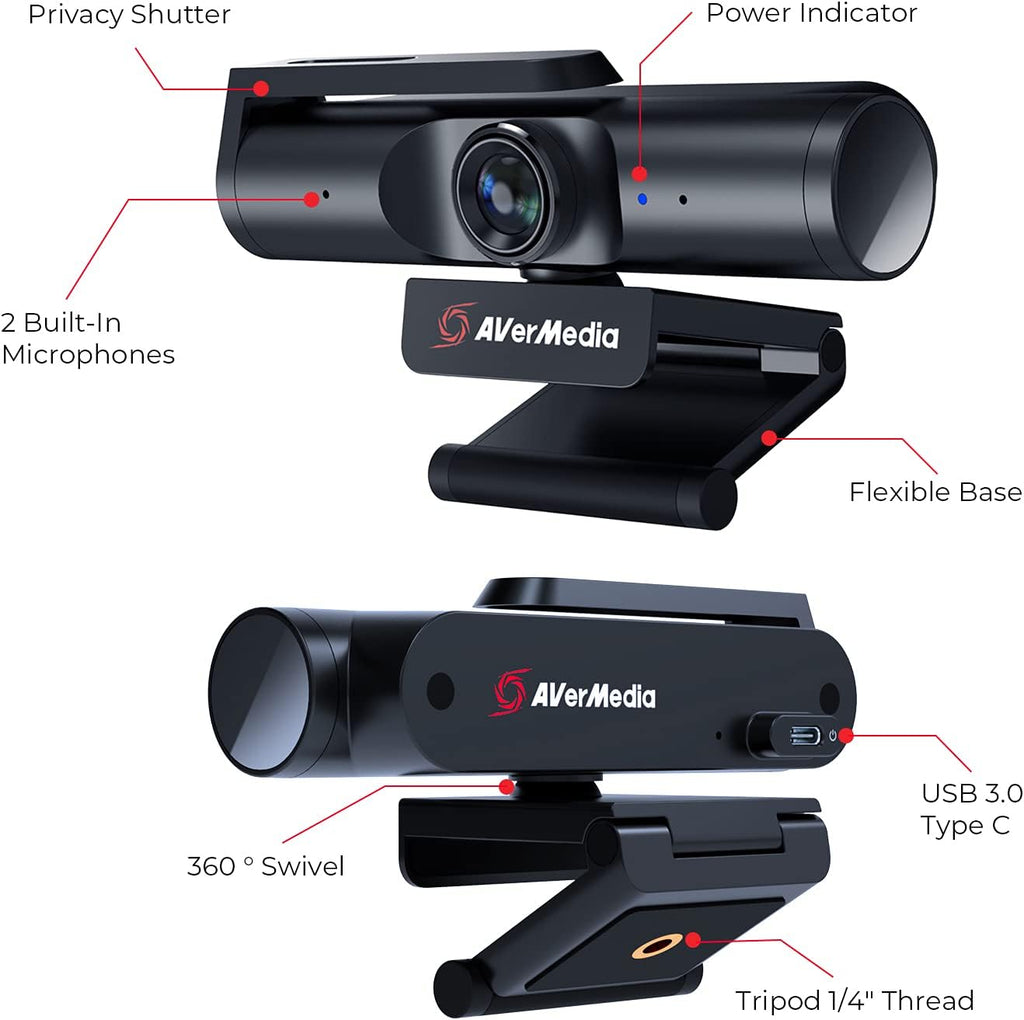 AVerMedia 4K webcam for PC, Gaming Camera for Streaming, Video Calls, Built-in Mic, Privacy Cover, for Teams, Google Meet, Zoom, OBS and more, for PC/Mac - PW513 Live Streamer CAM