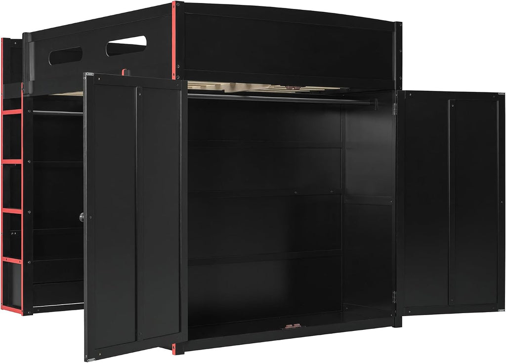 Full Size Gamer Loft Bed with Built-in Desk, RGB Lighting, USB Port & Storage, Gaming Bed with Wardrobe, Drawers for Kids, Teens, Adults (Red/G)
