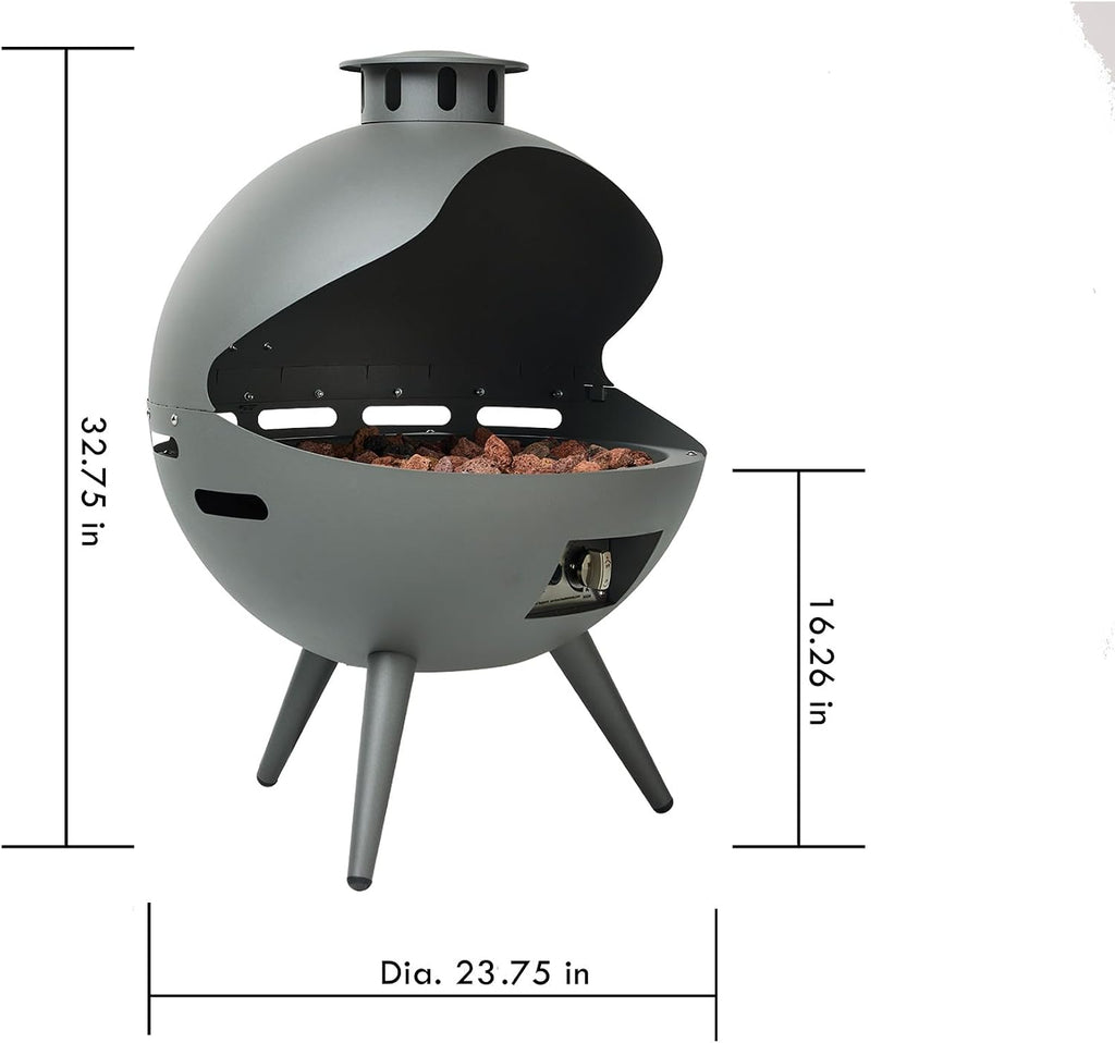 24-Inch Outdoor Propane Fireplace with 20 lb Tank Cover, 55,000 BTU Chimenea Propane Fire Pit, Hemispherical 3-Legged Firepit with Lava Rocks and Rain Cover, Gray