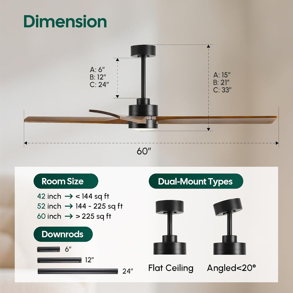 60 Inch Outdoor Smart Ceiling Fan with Lights, App/Alexa/Remote Control, High CFM Quiet Energy Efficient DC Motor, Modern Farmhouse Solid Wood Blades, Damp Rated for Covered Patio & Large Living Room