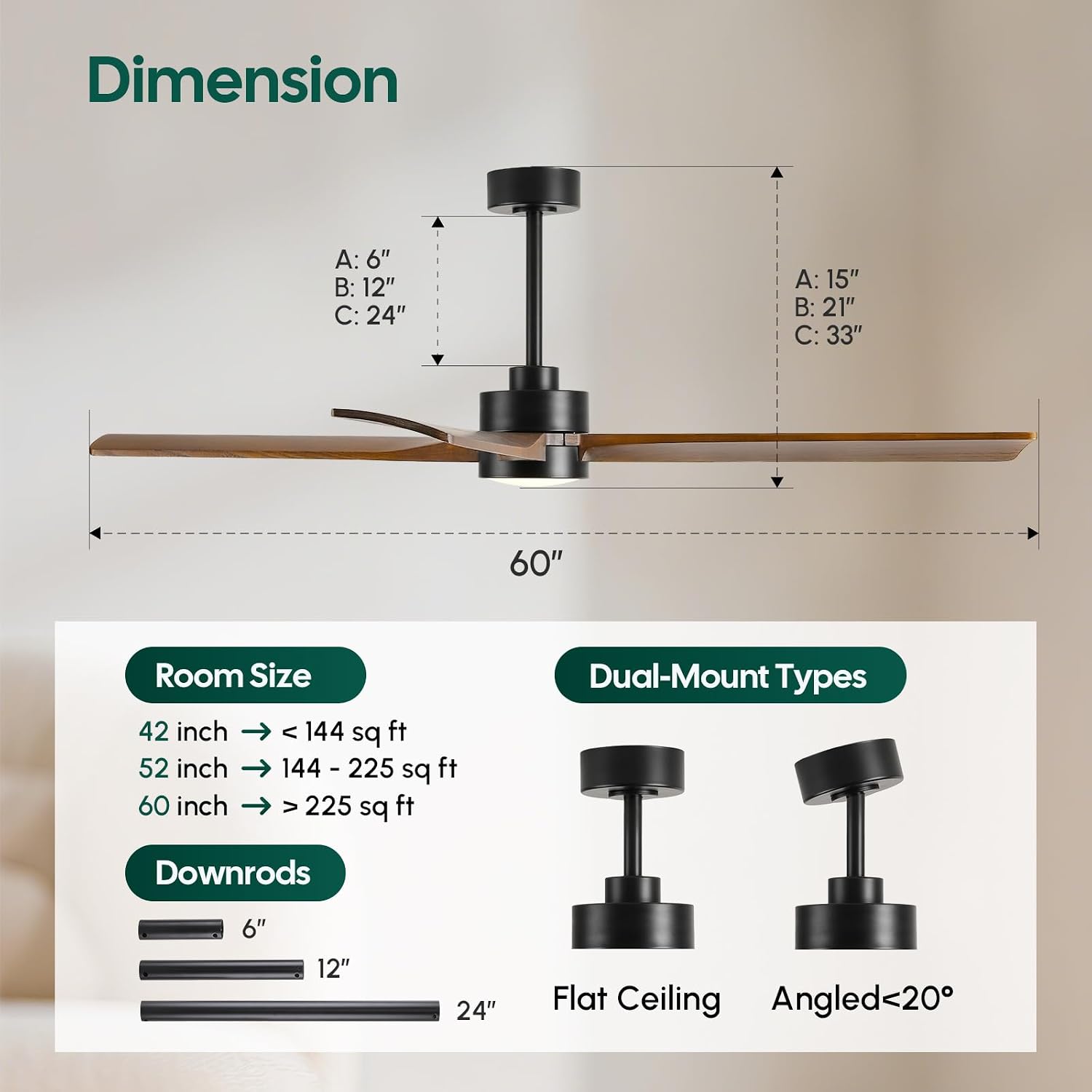 60 Inch Outdoor Smart Ceiling Fan with Lights, App/Alexa/Remote Control, High CFM Quiet Energy Efficient DC Motor, Modern Farmhouse Solid Wood Blades, Damp Rated for Covered Patio & Large Living Room