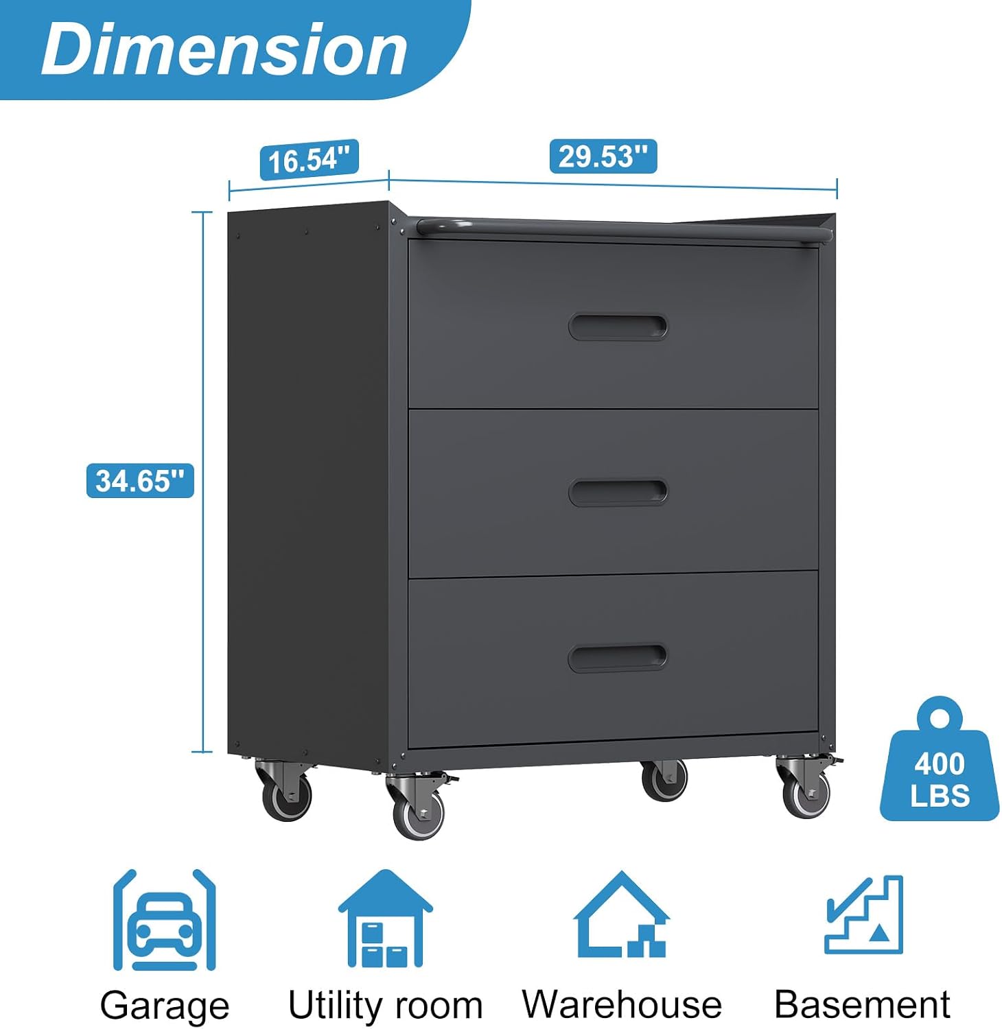Black Metal Garage Storage Cabinet on Wheels, Heavy Duty Steel Rolling Tool Chest with Drawers, Mobile Tool Storage Cabinets for Warehouse Garage Basement, Assembly Required