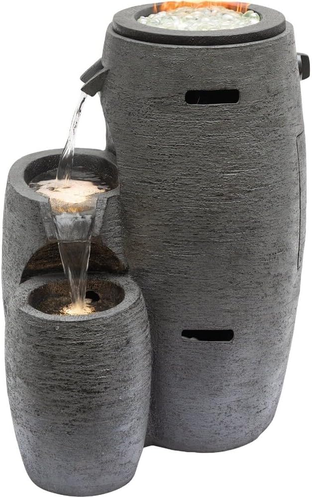 Alpine Corporation WTO120 Outdoor Cascading Look 3 Tiered Fire and Water Fountain with Adjustable Flame and LED Lights, 27' Tall, Gray