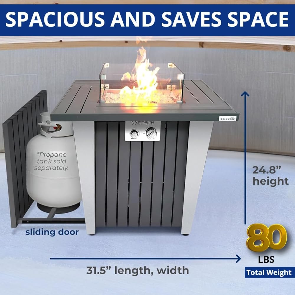 SereneLife Propane Fire Pit Table with Sturdy Metal, Gas Pits with 50,000 BTU and Stainless Steel Fire Pan, Includes Decorative Glass Rocks, Weather Cover, CSA Certified for Outdoor Fireplaces