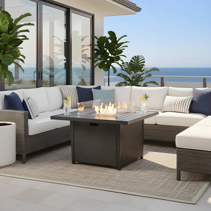 42' Outdoor Propane Fire Pit Table Gas Fire Pit for Patio 2-in-1 Firepit Dining Table with Glass Wind Guard Glass Rocks & Waterproof Cover Grey