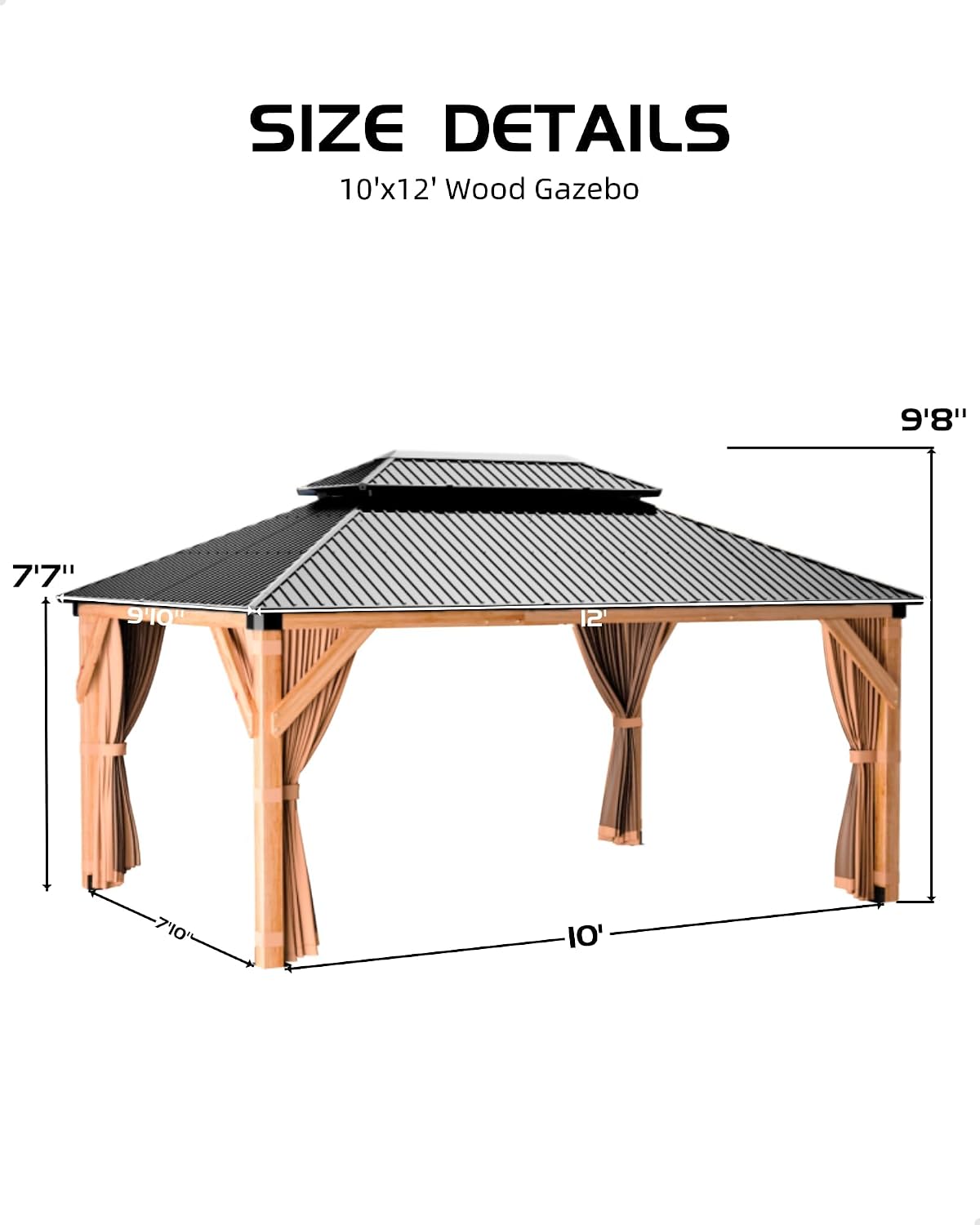 GAOMON Hardtop Spruce Wood Gazebo 10'x12', with Double Roof of Metal Sheets, 4.7'' Heavy Duty Poles, Net, and Curtain, Permanent Building for Patio, Deck, Backyard, Lawn, and Garden, Khaki