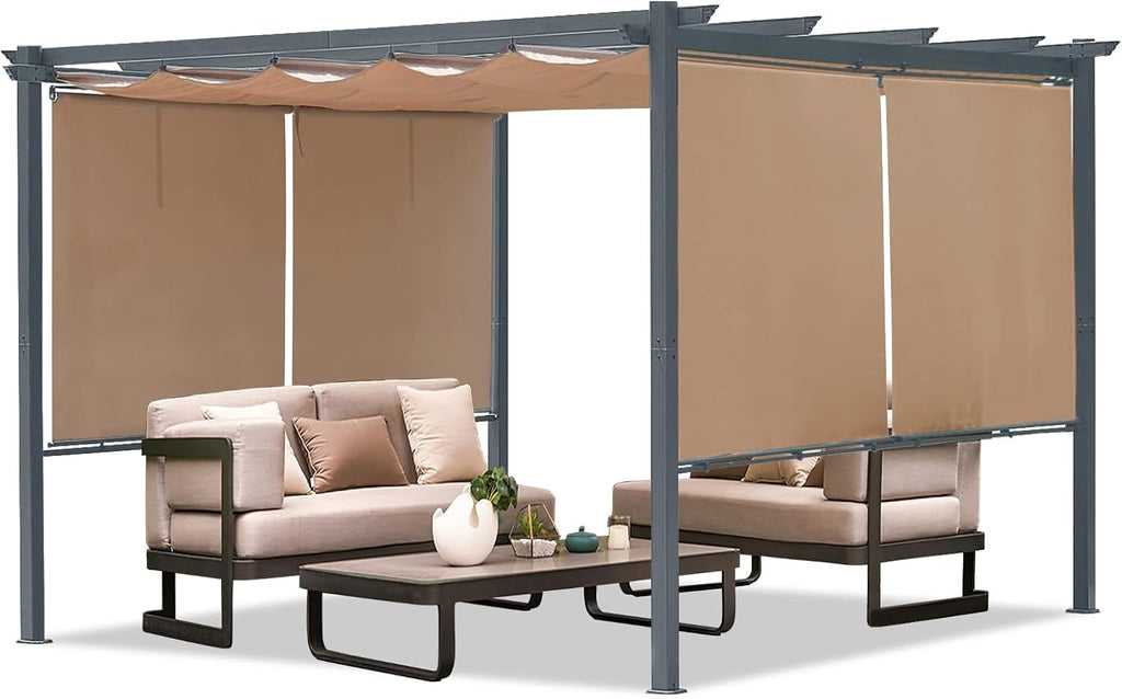 Aoodor 10 x 12 ft Outdoor Pergola with Retractable Shade Canopy, Matte Aluminum Frame, 4 Roller Shade Curtains, Grape Trellis for Patio, Backyard, Garden, and Deck, Brown