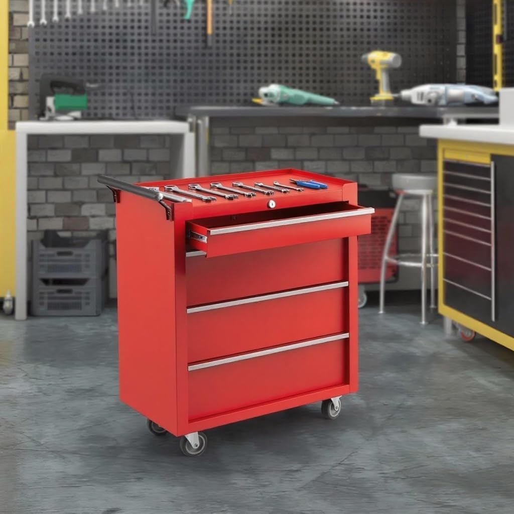 Tool Chest with Wheels, 4 Drawer Rolling Tool Storage Cabinet Cart, Portable Toolbox Organizer with Locking System, Drawer Liners for Garage, Workshop, Shop, Mechanic, Red