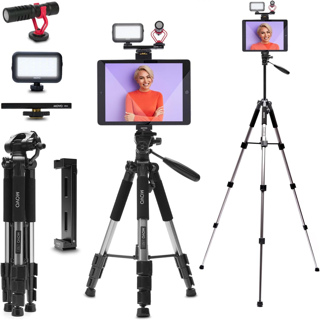 Movo iPad Vlogging Kit - iPad Tripod Mount with Holder, Full Size Tripod, Microphone, LED Light, Cold Shoe Extension - YouTube Starter Kit for Video Recording