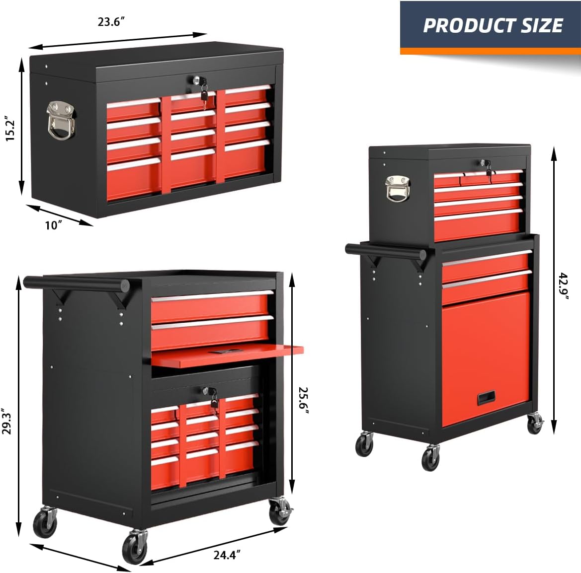 8-Drawer Rolling Tool Box, Lockable Rolling Tool Chest with Wheels and Drawers, 2 in 1 Large Capacity Storage Tool Cabinet for Warehouse, Garage, Tool Room and Repair Shop (Black&Red)