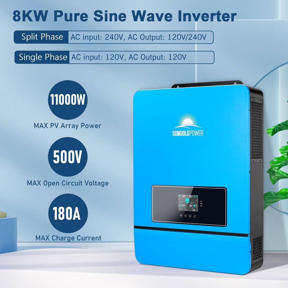 SUNGOLDPOWER 8KW 48V Kit:8000W DC 48V Pure Sine Wave Solar Inverter UL1741 with 2PCS 100A 48Vdc LiFePO4 Batteries 48V100P UL9540A (8KW Inverter+10.24KWH Batteries)