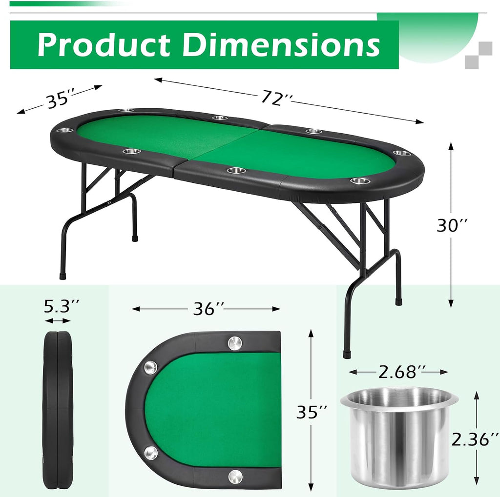ECOTOUGE Foldable Poker Table, 8-Player Blackjack Texas Holdem Table w/Stainless Cup Holder, Folding Oval Gaming Table with Portable Oxford Bag for Casino Game, No Assembly Required, Green