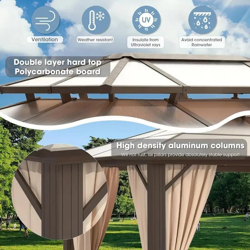 TFORESTER Hardtop Gazebo 12x20FT Hardtop Gazebo, Aluminum Frame Permanent Pavilion with Curtains and Netting, Outdoor Polycarbonate Gazebo, Double Roof Canopy, for Gardens, Patios, Lawns