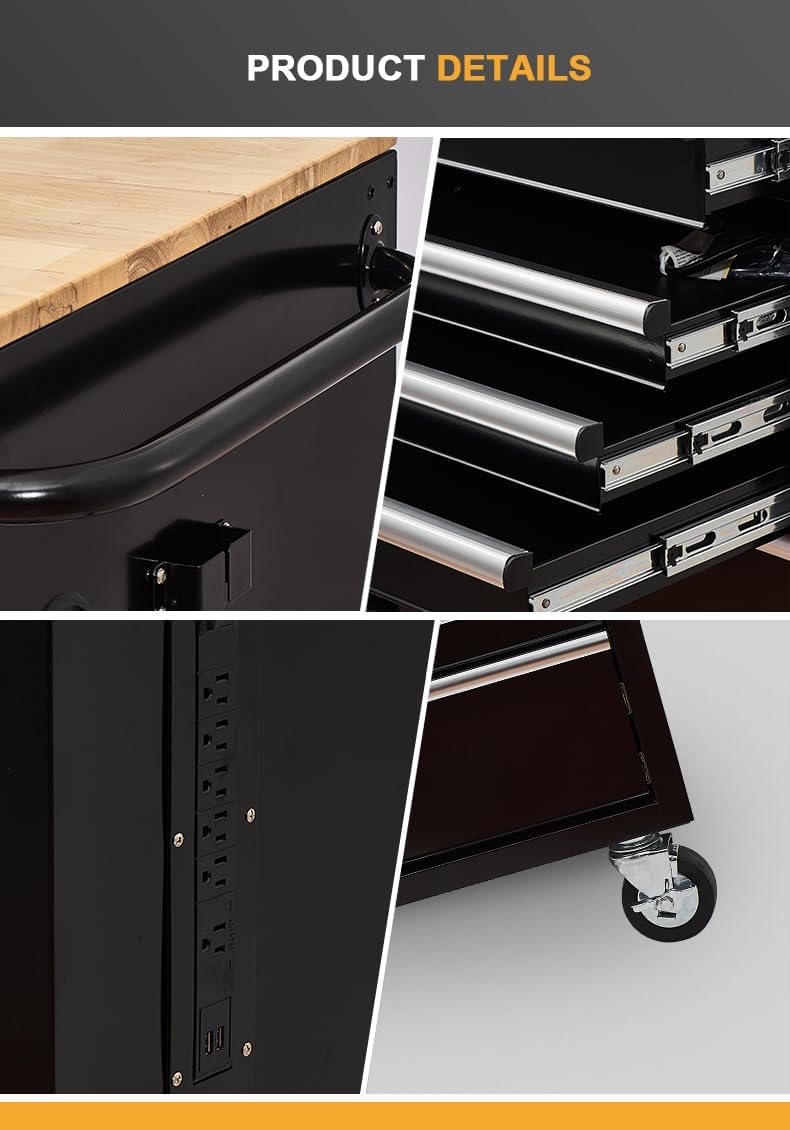 Rolling Large Tool Chest Extra-Deep 46-Inch 9 Drawers, Big Tool Chest with Drawers, Workbench with Wooden Top & Integrated Power Strip, Rolling Toolbox with Drawers and Locking System