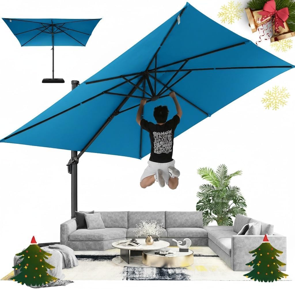 Hoteel 10ft Patio Umbrella Heavy Duty Aluminum Windproof & Shade Provision Outdoor Cantilever Square Offset Large Umbrella Height Adjustable with 360°Rotation for Patio Pool Deck Gazebo, Light Blue