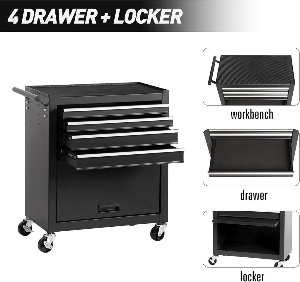 4 Drawers Tool Cart on Wheels, Multifunctional Rolling Tool Chest with 1 Cabinet, Drawers Rolling Tool Storage Case for Garage, Warehouse, Workshop, Repair Shop (4 Drawers-29.9' H-Black)