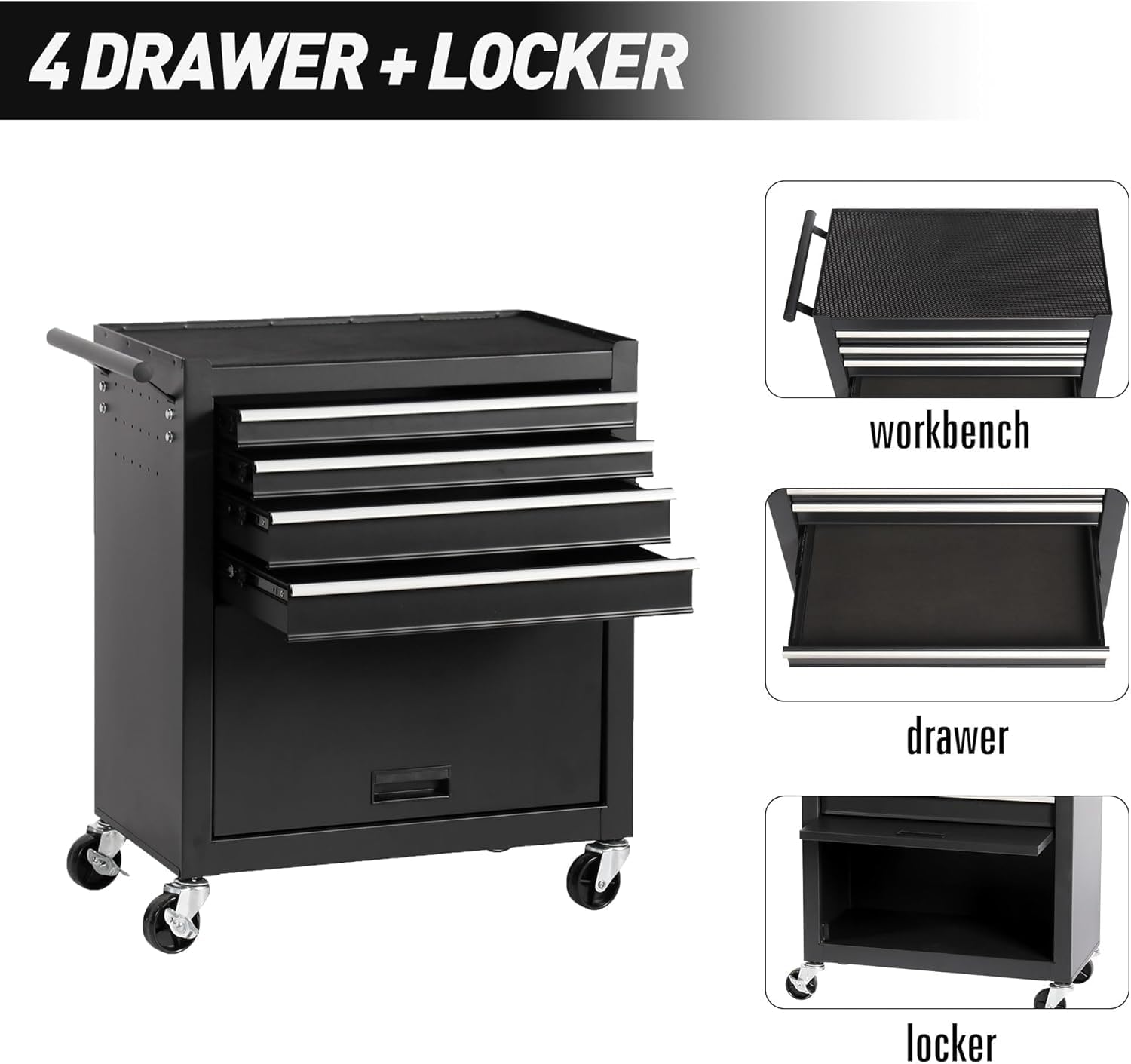4 Drawers Tool Cart on Wheels, Multifunctional Rolling Tool Chest with 1 Cabinet, Drawers Rolling Tool Storage Case for Garage, Warehouse, Workshop, Repair Shop (4 Drawers-29.9' H-Black)