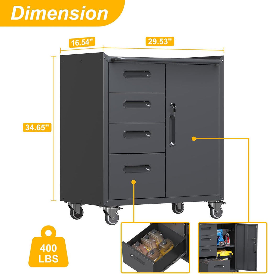 4-Drawer Rolling Tool Chest, Metal Tool Storage Cabinet on Wheels, Heavy Duty Tool Cart with Lockable Door & Handle, Mobile Toolbox Steel Locker for Garage, Home, Workshop, Warehouse, Black