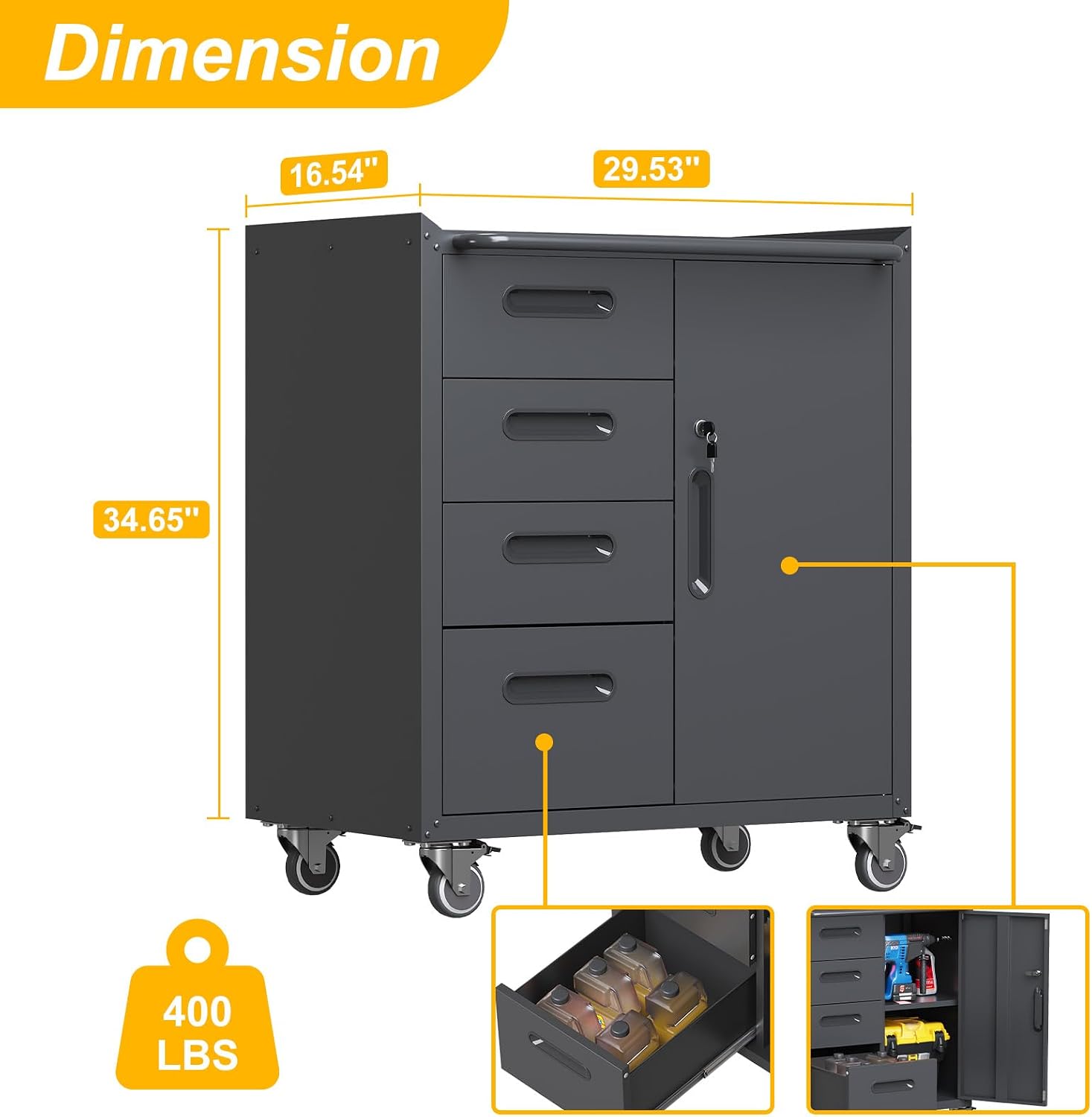4-Drawer Rolling Tool Chest, Metal Tool Storage Cabinet on Wheels, Heavy Duty Tool Cart with Lockable Door & Handle, Mobile Toolbox Steel Locker for Garage, Home, Workshop, Warehouse, Black