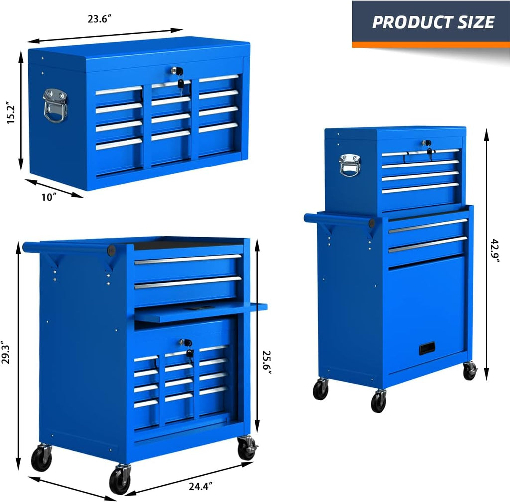 8-Drawer Rolling Tool Box, Lockable Rolling Tool Chest with Wheels and Drawers, 2 in 1 Large Capacity Storage Tool Cabinet for Warehouse, Garage, Tool Room and Repair Shop (Blue)