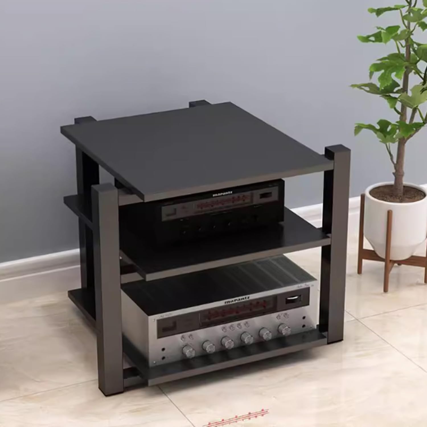 Audio Cabinet Rack Living Room Decorative AV Component Entertainment Stand, 4 Post Floor Gaming Console Shelves Cabinet, Heavy Duty Electronics Organizer for Ps4(Black,3 Tier)