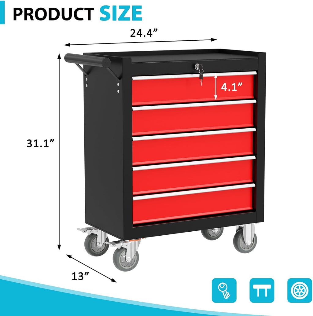 5 Drawers Rolling Tool Box, Portable Storage Tool Chest with Wheels, Rolling Tool Box with Lock for Warehouse, Garage, Repair Shop and Tool Room