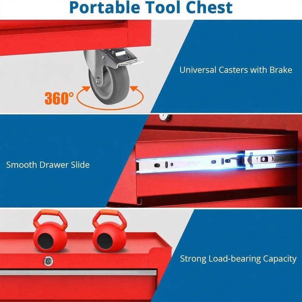 Tool Chest with Wheels, 4 Drawer Rolling Tool Storage Cabinet Cart, Portable Toolbox Organizer with Locking System, Drawer Liners for Garage, Workshop, Shop, Mechanic, Red