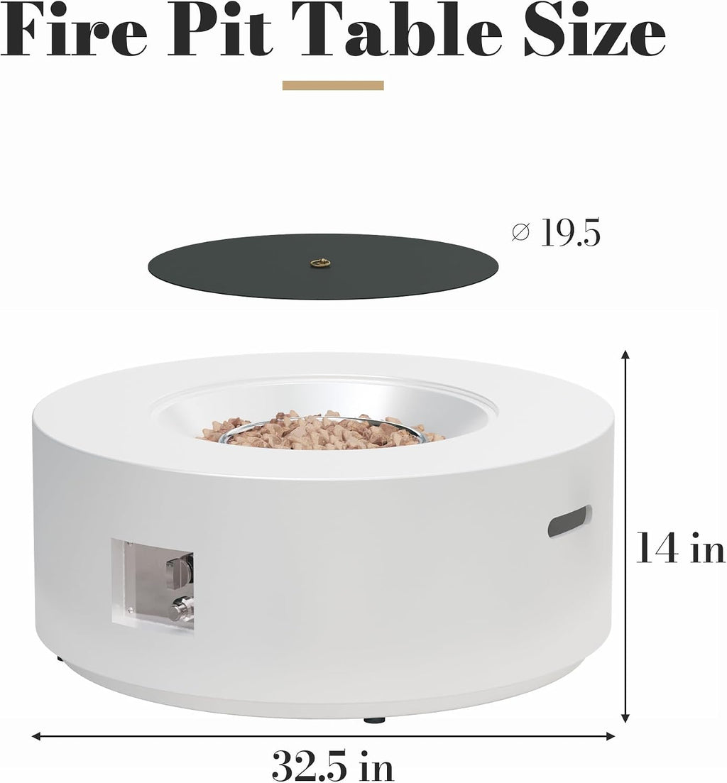 32.5 Inch Propane Fire Pit Table, 50,000 BTU Round Patio Fire Pit Table Outdoor, CSA Certified, Stainless Burner with Steel Lid, Waterproof Cover & Lava Rocks, for Garden Backyard, White