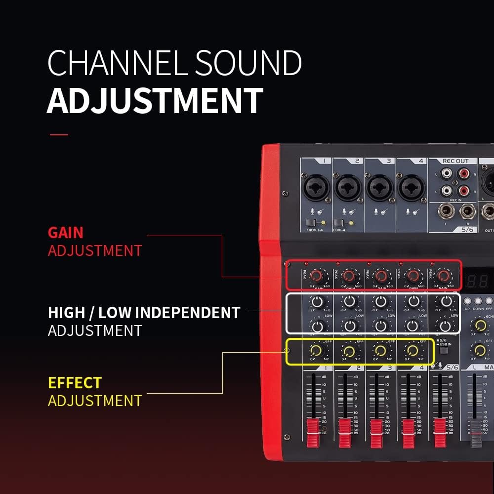 EFX6 6 Channels Audio Mixer 4 Mono 1 Stereo Sound Mixing Console 5V 16 DSP Effects USB Computer Play Recording